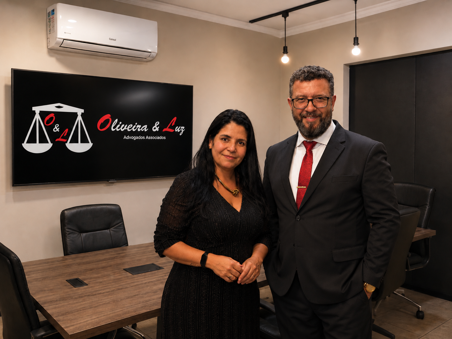 Dra. Schirlei Filgueiras de Oliveira e Dr. Adriano Oliveira da Luz no escritório em Cachoeirinha/RS